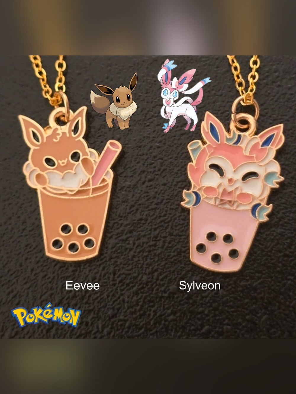 Eevee & Sylveon Bubble Tea Enamel Necklace Set